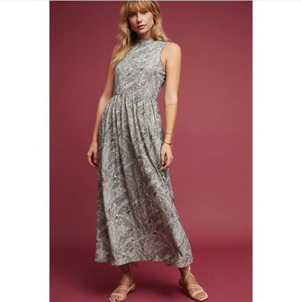 Sunday in Brooklyn Anthropologie Grey Leaf Print Mock Neck Maxi Dress Womens S